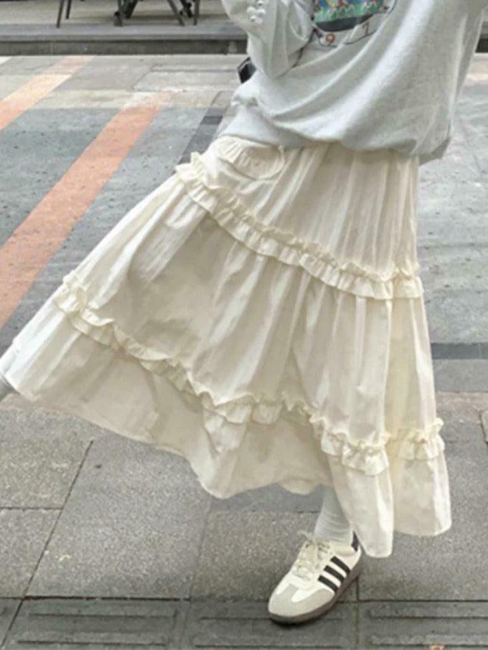 Coquette Aesthetic Pleated Elastic Waist Fungus Splice Tiered Midi Skirt