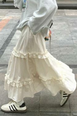 Coquette Aesthetic Pleated Elastic Waist Fungus Splice Tiered Midi Skirt
