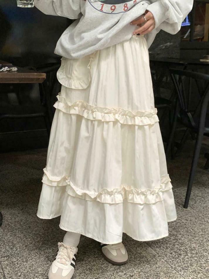 Coquette Aesthetic Pleated Elastic Waist Fungus Splice Tiered Midi Skirt
