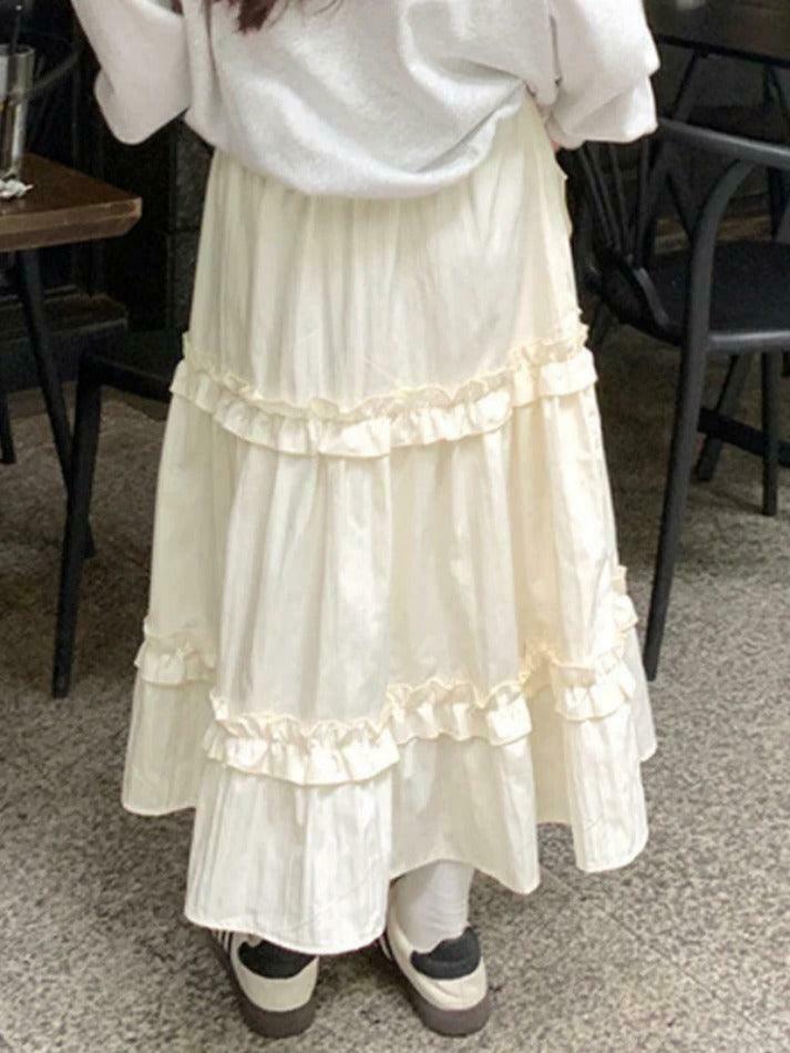 Coquette Aesthetic Pleated Elastic Waist Fungus Splice Tiered Midi Skirt