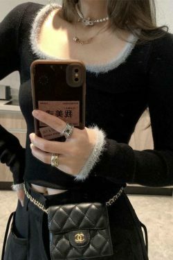 Coquette Aesthetic Plush Trim Square Neck Knit - Y2K Fashion Long Sleeve Slim Top