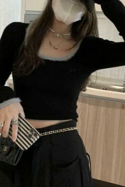 Coquette Aesthetic Plush Trim Square Neck Knit - Y2K Fashion Long Sleeve Slim Top