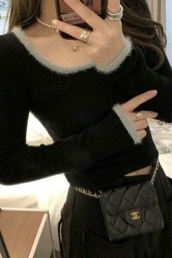 Coquette Aesthetic Plush Trim Square Neck Knit - Y2K Fashion Long Sleeve Slim Top