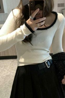 Coquette Aesthetic Plush Trim Square Neck Knit - Y2K Fashion Long Sleeve Slim Top