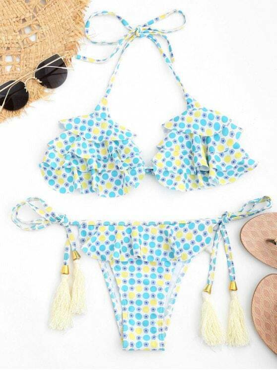 Coquette Aesthetic Polka Dot Bralette & Ruffles String Bikini - Y2K Fashion Women's Swimwear