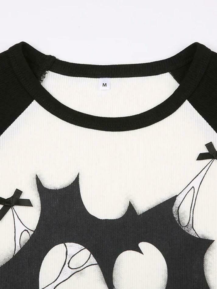 Coquette Aesthetic Print Bow Decor Raglan Long Sleeve Knit