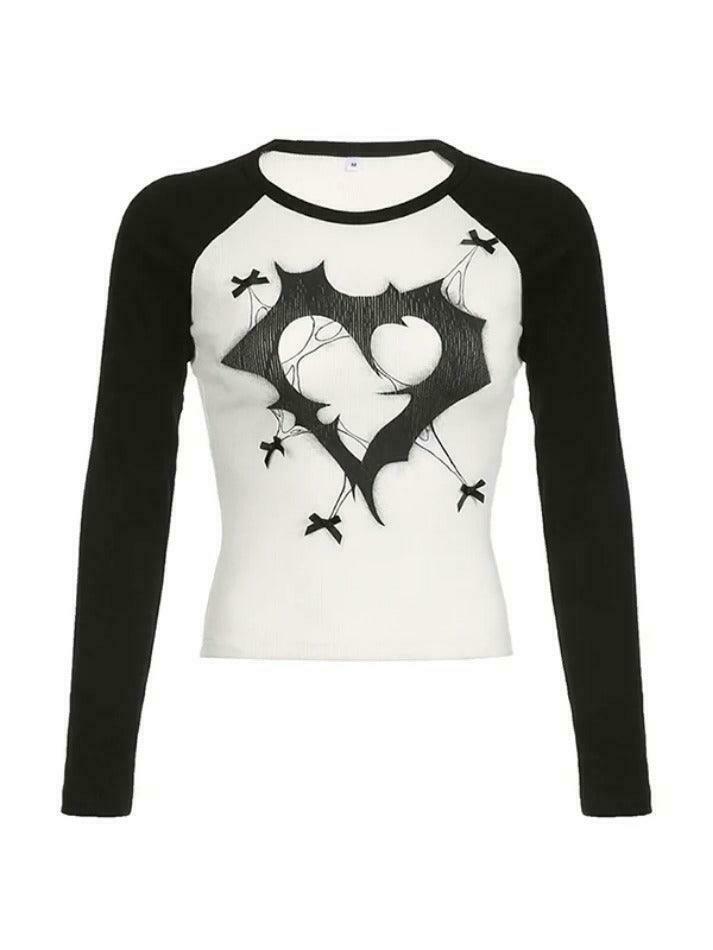 Coquette Aesthetic Print Bow Decor Raglan Long Sleeve Knit