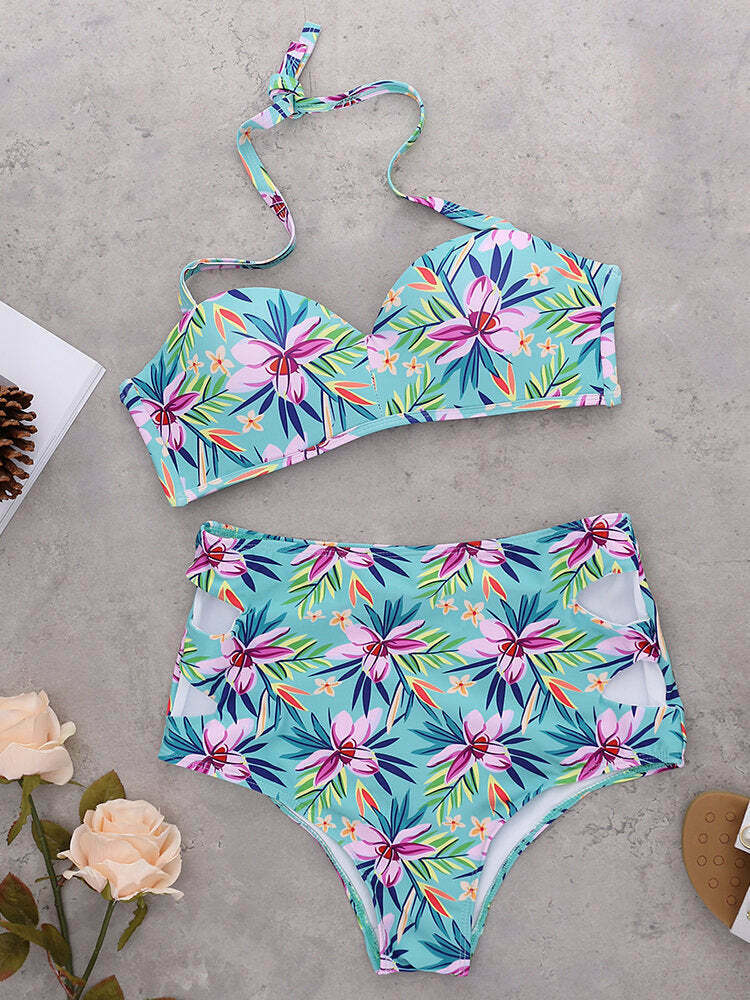 Coquette Aesthetic Printed Push-Up High Waist Bikini Set - Y2K Fashion Swimwear