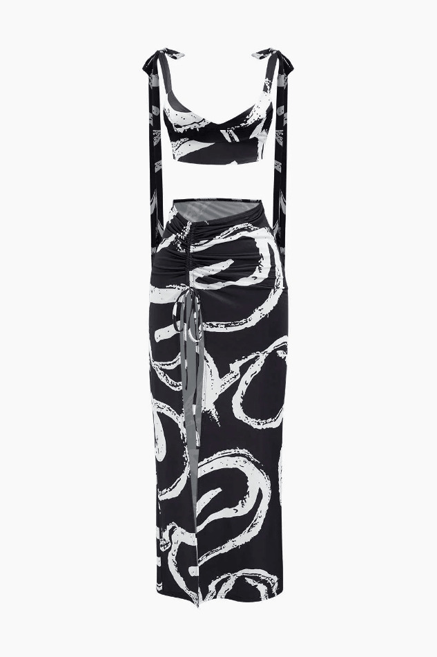 Coquette Aesthetic Printed Tie Strap Cami with Drawstring Slit Skirt Set