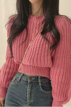 Coquette Aesthetic Puff Sleeve Crop Sweater in Pastel Goth Style