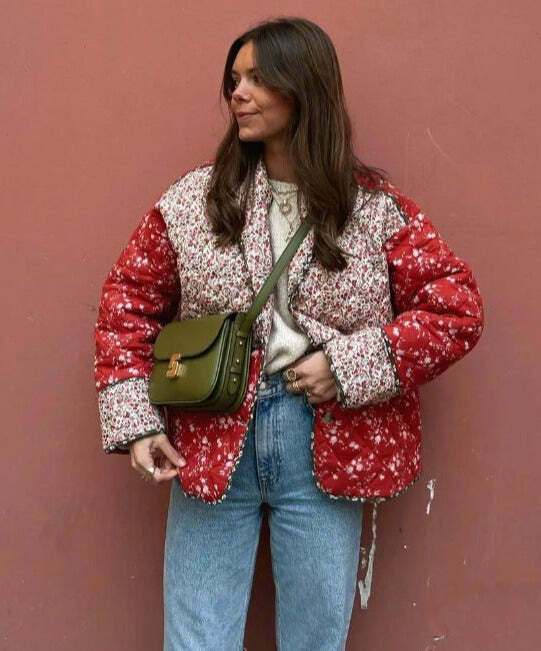 Coquette Aesthetic Red Floral Padded Short Coat - Vintage-inspired Y2K Fashion Statement