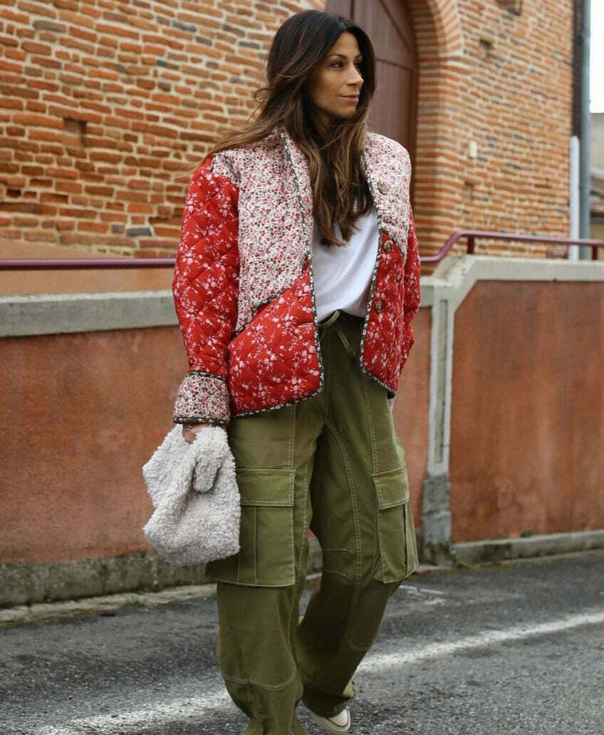 Coquette Aesthetic Red Floral Padded Short Coat - Vintage-inspired Y2K Fashion Statement