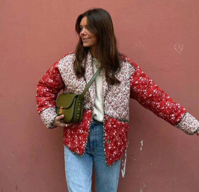 Coquette Aesthetic Red Floral Padded Short Coat - Vintage-inspired Y2K Fashion Statement