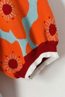 Coquette Aesthetic Red Flowers Knit Top - Y2K Fashion Women's Clothing