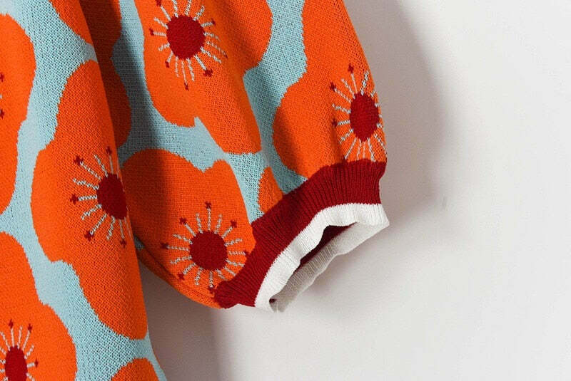 Coquette Aesthetic Red Flowers Knit Top - Y2K Fashion Women's Clothing