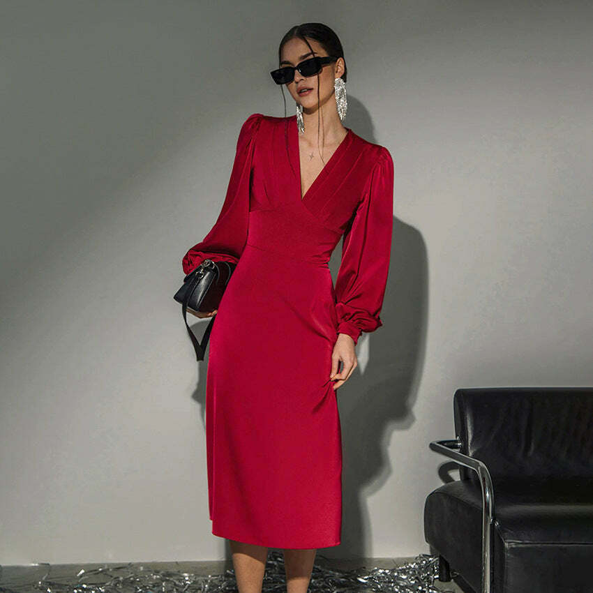 Coquette Aesthetic Red Lantern Sleeve Dress - Y2K Fashion Statement Piece
