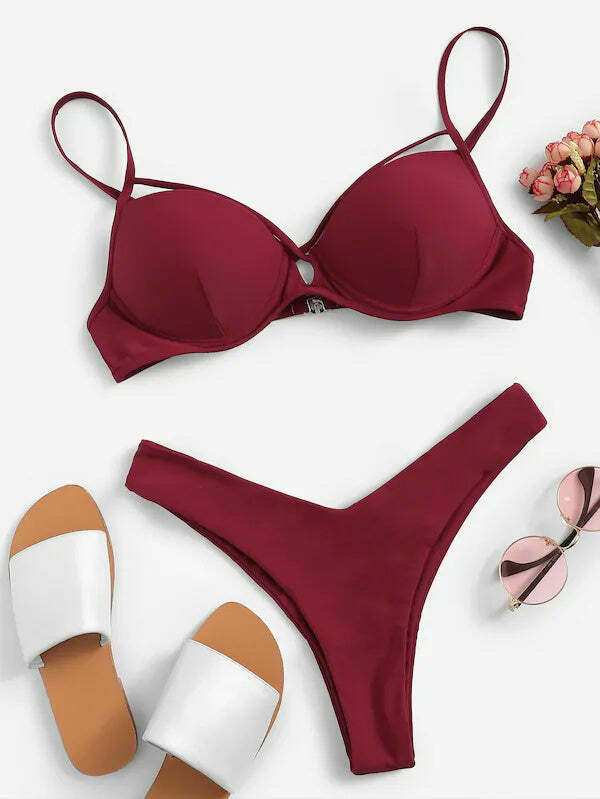 Coquette Aesthetic Red Slip High Leg Bikini Set - Y2K Fashion Swimwear