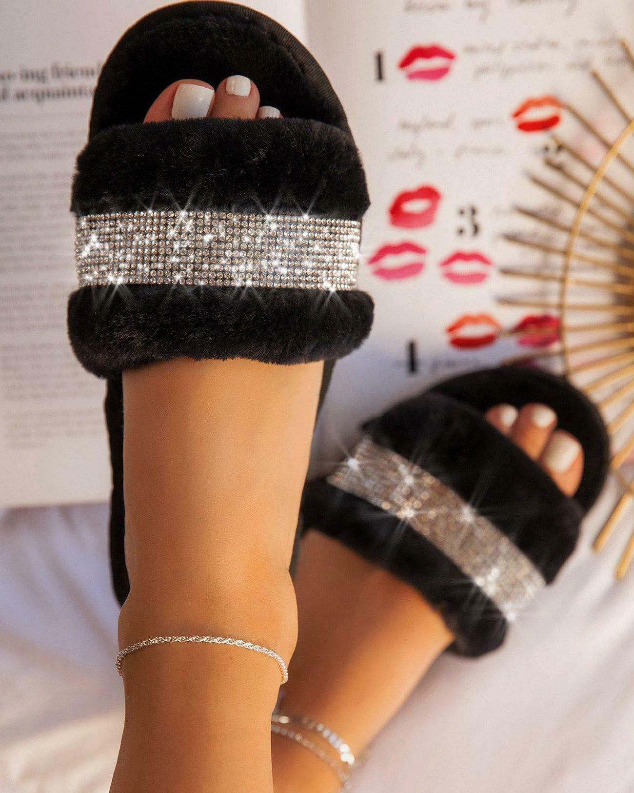 Coquette Aesthetic Rhinestone Fluff Slippers - Y2K Fashion Statement for Women