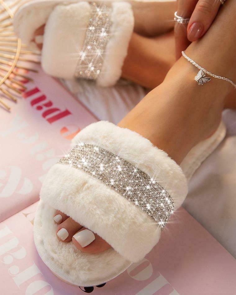 Coquette Aesthetic Rhinestone Fluff Slippers - Y2K Fashion Statement for Women