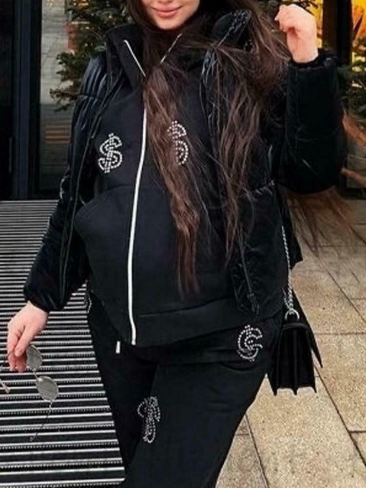 Coquette Aesthetic Rhinestone Print Zip Up Oversized Hoodie