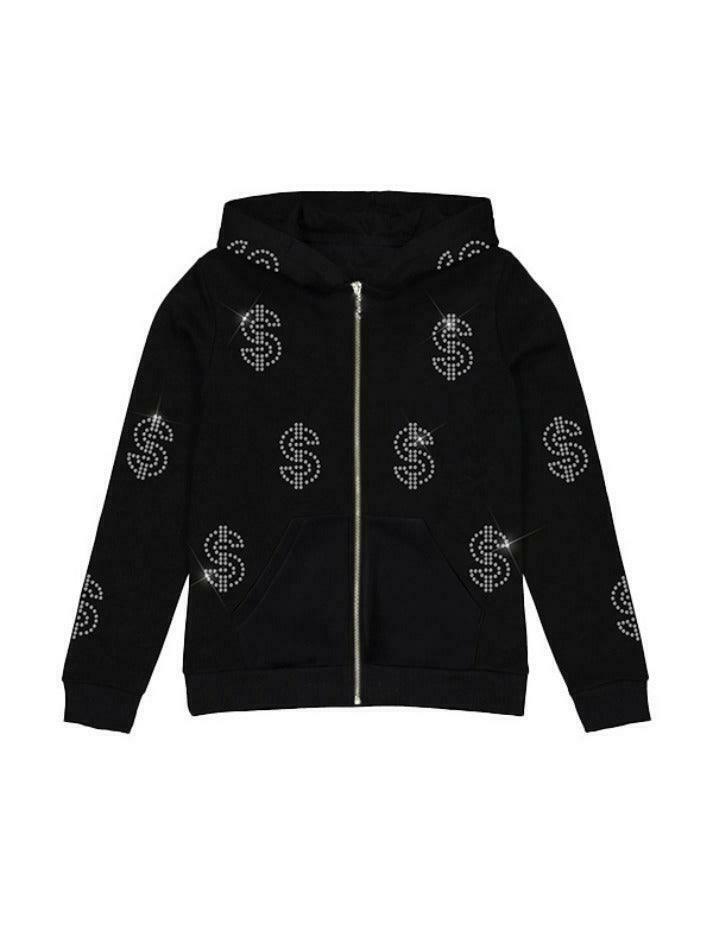Coquette Aesthetic Rhinestone Print Zip Up Oversized Hoodie