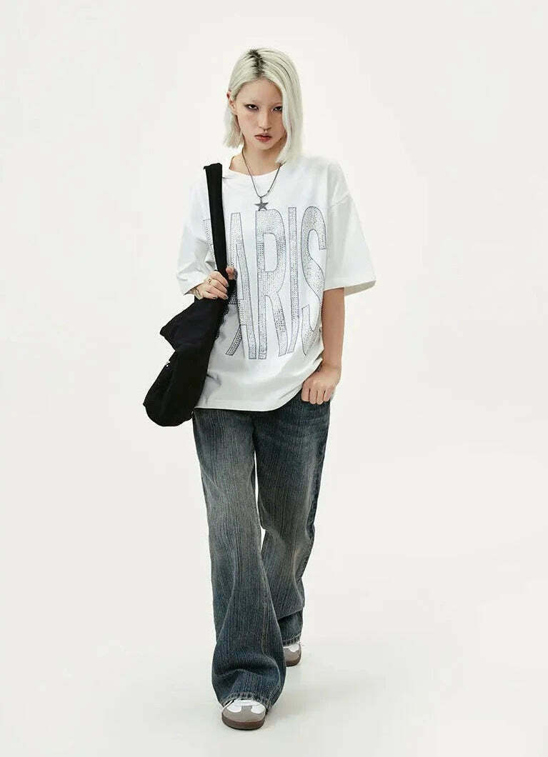 Coquette Aesthetic Rhinestone Slogan Tee - Y2K Fashion Statement for Women