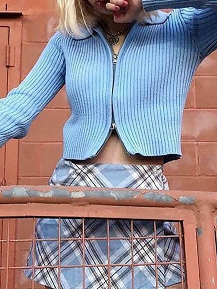 Coquette Aesthetic Ribbed Knit Zip-Up Cardigan for Y2K Fashion Enthusiasts