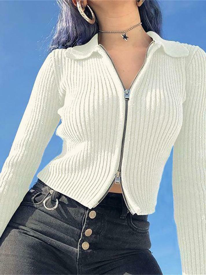 Coquette Aesthetic Ribbed Knit Zip-Up Cardigan for Y2K Fashion Enthusiasts