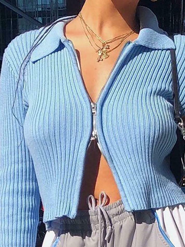 Coquette Aesthetic Ribbed Knit Zip-Up Cardigan for Y2K Fashion Enthusiasts