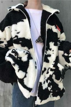 Coquette Aesthetic Rorschach Sherpa Zip Up Jacket - Y2K Fashion Women's Grunge Style Outfit