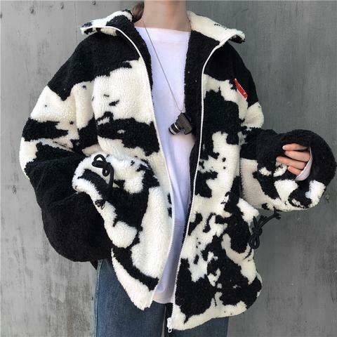 Coquette Aesthetic Rorschach Sherpa Zip Up Jacket - Y2K Fashion Women's Grunge Style Outfit
