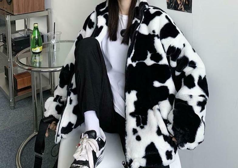 Coquette Aesthetic Rorschach Sherpa Zip Up Jacket - Y2K Fashion Women's Grunge Style Outfit