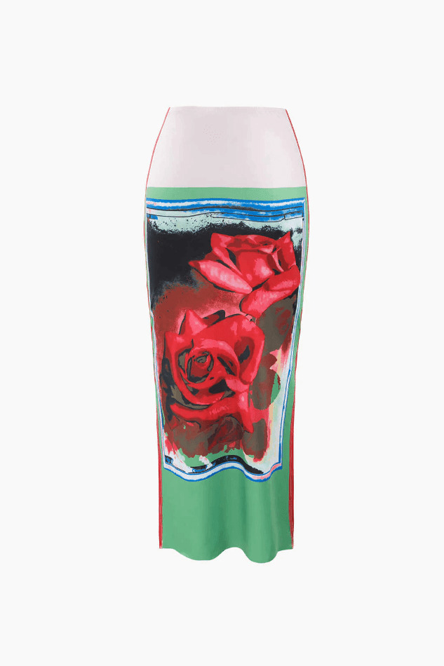 Coquette Aesthetic Rose Print Asymmetric T-Shirt and Midi Skirt Set
