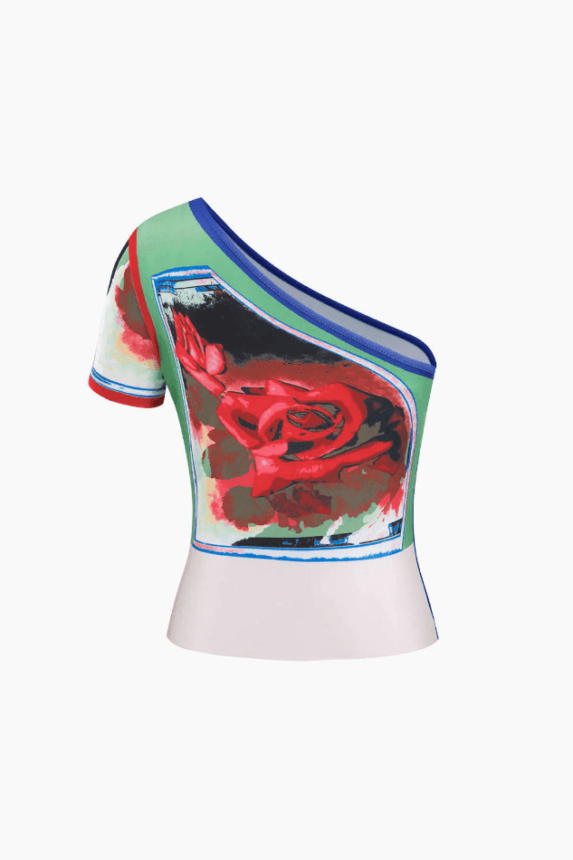 Coquette Aesthetic Rose Print Asymmetric T-Shirt and Midi Skirt Set