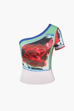 Coquette Aesthetic Rose Print Asymmetric T-Shirt and Midi Skirt Set