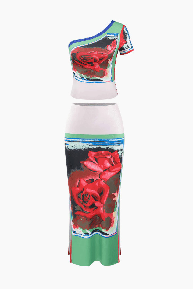 Coquette Aesthetic Rose Print Asymmetric T-Shirt and Midi Skirt Set