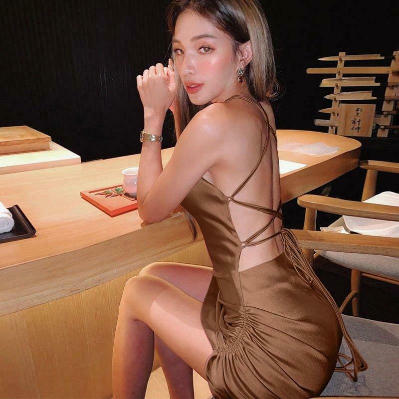Coquette Aesthetic Ruched Satin Dress - Y2K Fashion Outfit for Women
