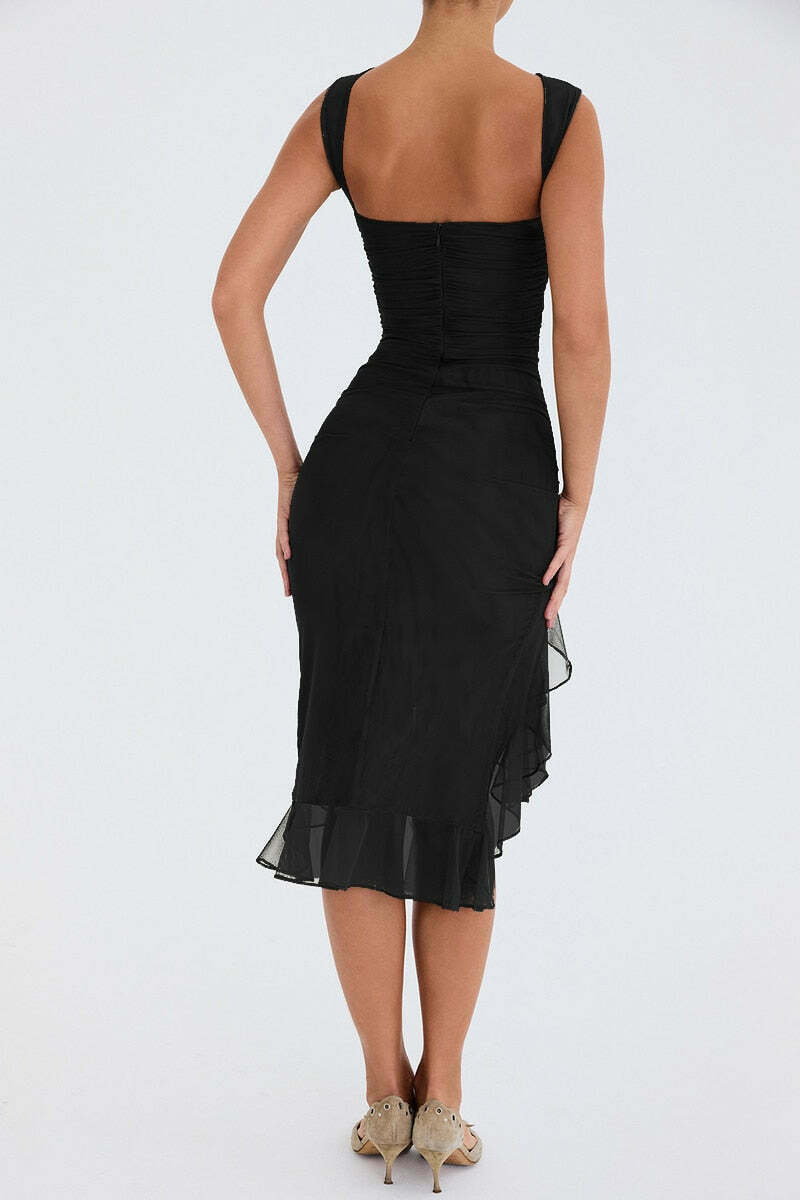 Coquette Aesthetic Ruffle Midi Dress - Y2K Fashion with Grunge Style and Pastel Goth Vibes