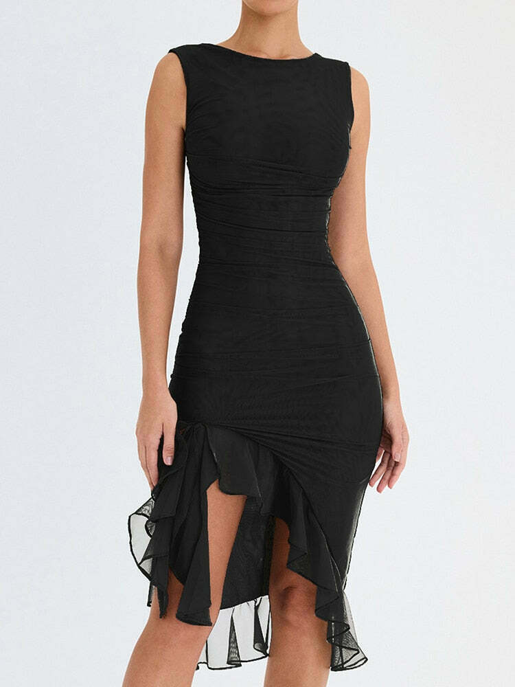 Coquette Aesthetic Ruffle Midi Dress - Y2K Fashion with Grunge Style and Pastel Goth Vibes