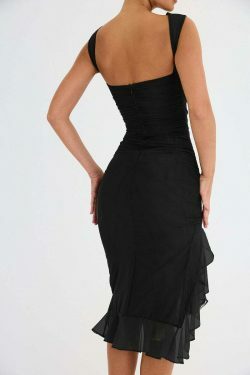 Coquette Aesthetic Ruffle Midi Dress - Y2K Fashion with Grunge Style and Pastel Goth Vibes