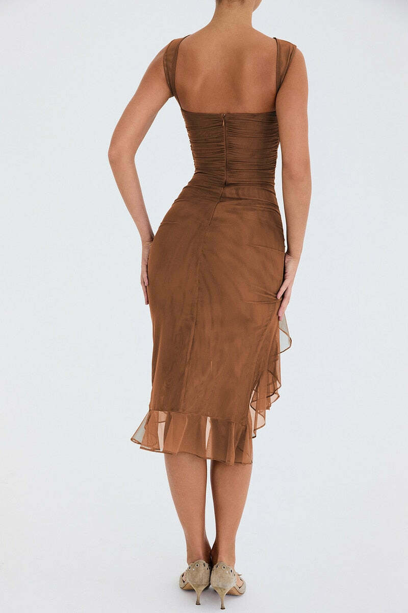 Coquette Aesthetic Ruffle Midi Dress - Y2K Fashion with Grunge Style and Pastel Goth Vibes
