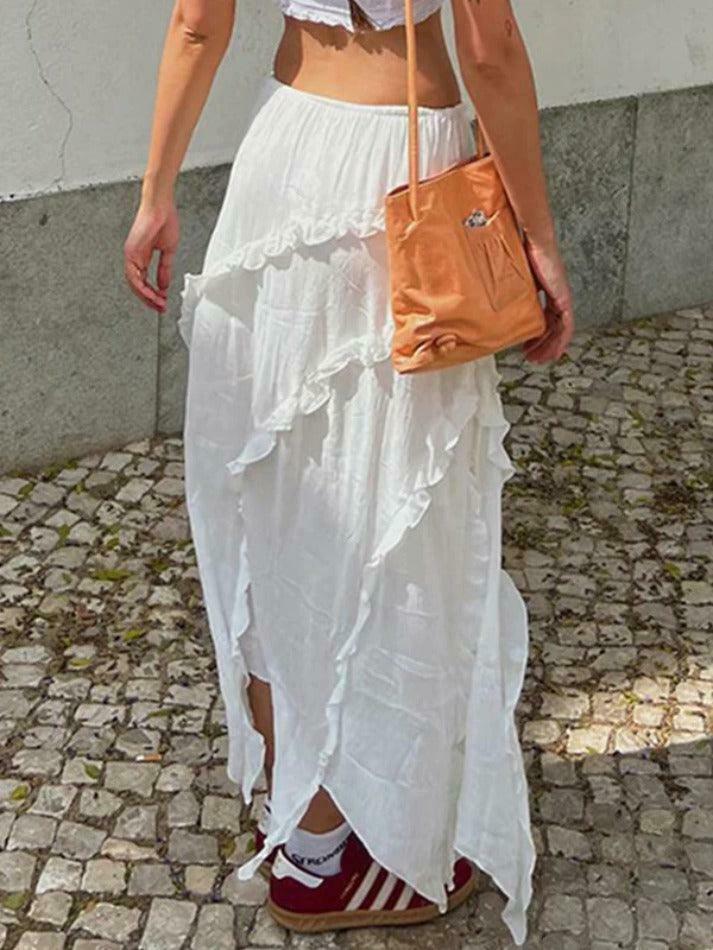 Coquette Aesthetic Ruffle Slit Midi Skirt - Y2K Fashion for Women, Grunge Style, Pastel Goth