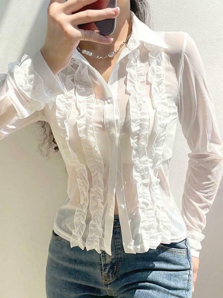 Coquette Aesthetic Ruffle Trim Sheer Mesh Long Sleeve Blouse - Y2K Fashion Statement