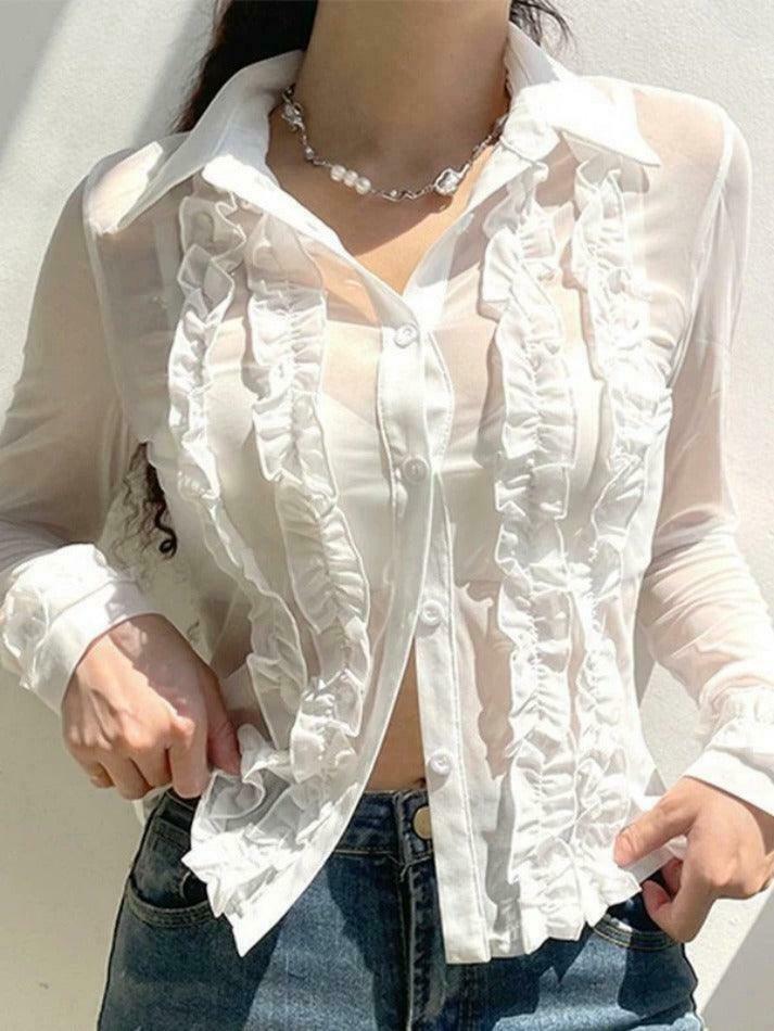 Coquette Aesthetic Ruffle Trim Sheer Mesh Long Sleeve Blouse - Y2K Fashion Statement