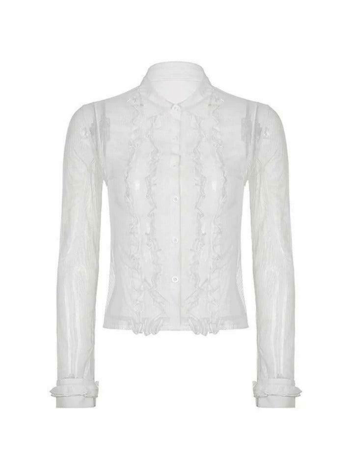 Coquette Aesthetic Ruffle Trim Sheer Mesh Long Sleeve Blouse - Y2K Fashion Statement