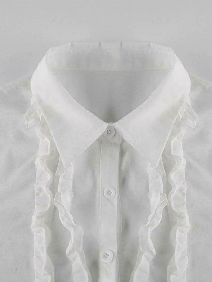 Coquette Aesthetic Ruffle Trim Sheer Mesh Long Sleeve Blouse - Y2K Fashion Statement
