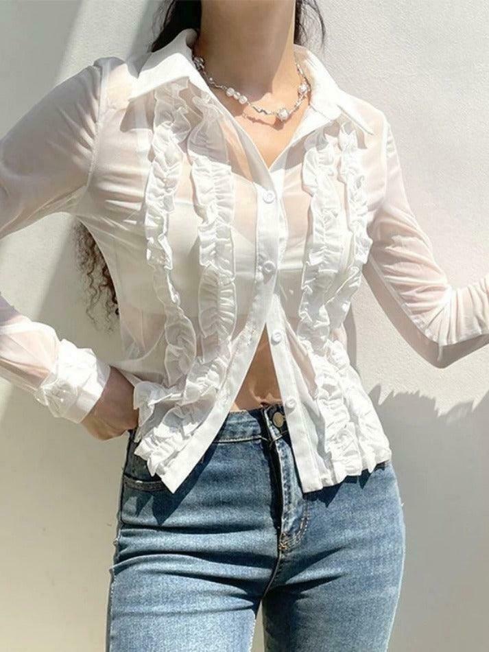 Coquette Aesthetic Ruffle Trim Sheer Mesh Long Sleeve Blouse - Y2K Fashion Statement