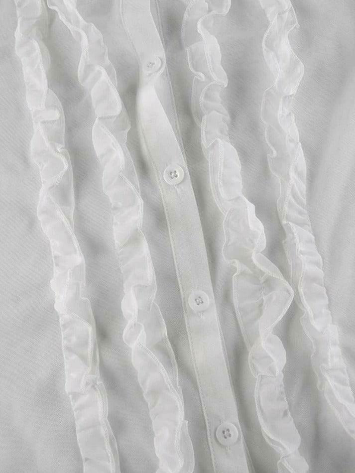 Coquette Aesthetic Ruffle Trim Sheer Mesh Long Sleeve Blouse - Y2K Fashion Statement