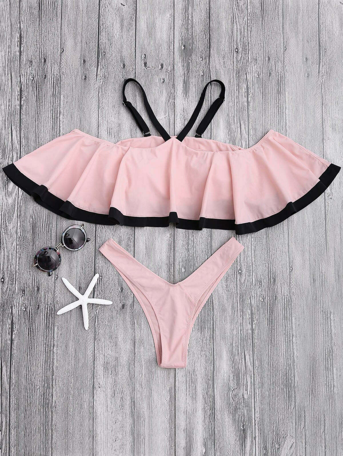 Coquette Aesthetic Ruffled Cami Thong Bikini - Y2K Fashion Swimwear