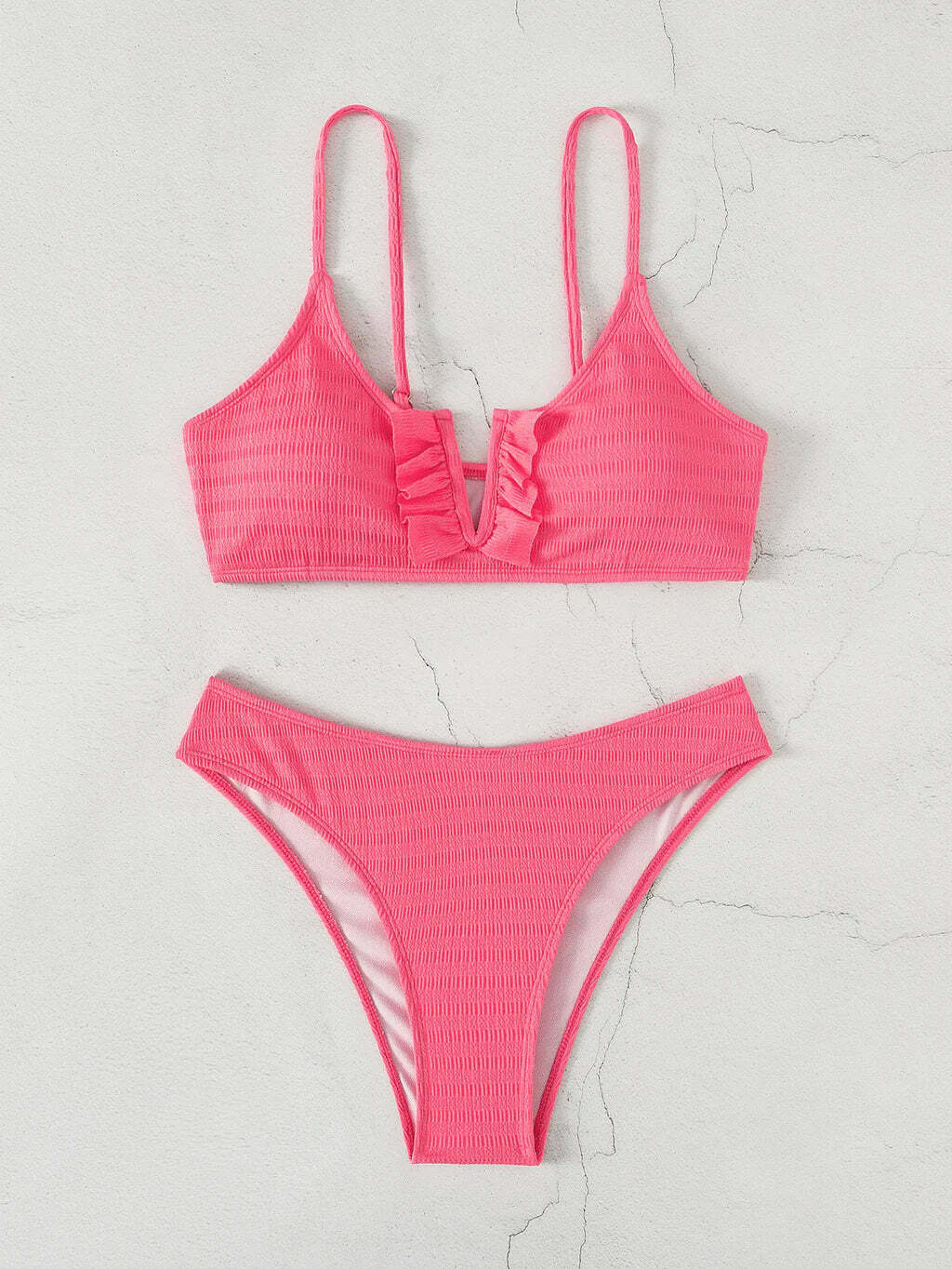 Coquette Aesthetic Ruffled V-Neck Bikini in Solid Color